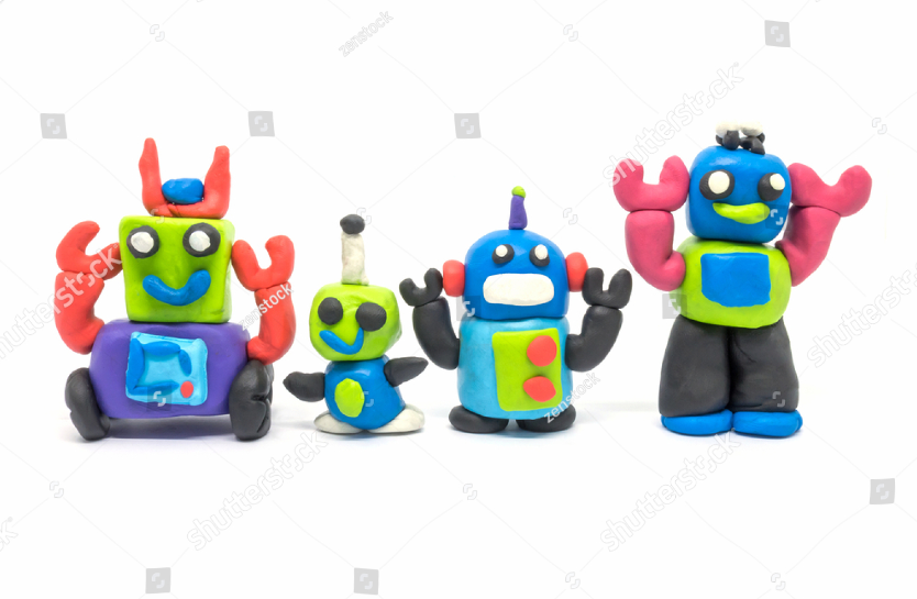Play dough group robot on white background. Handmade clay plasticine